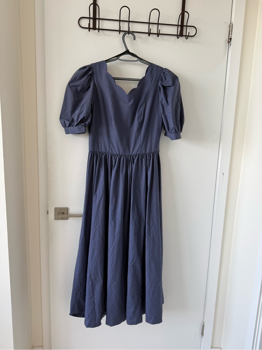 Laura Ashley Slate Blue Midi Dress with Puff Sleeves and open back with Bow - Picture 2 of 5